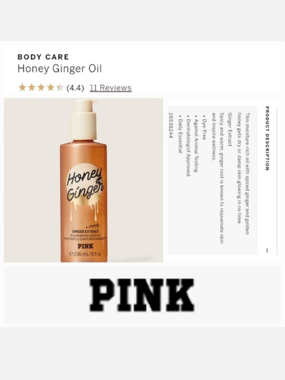 Victoria's secret pink honey ginger body oil moisturizer LIMITED EDITION